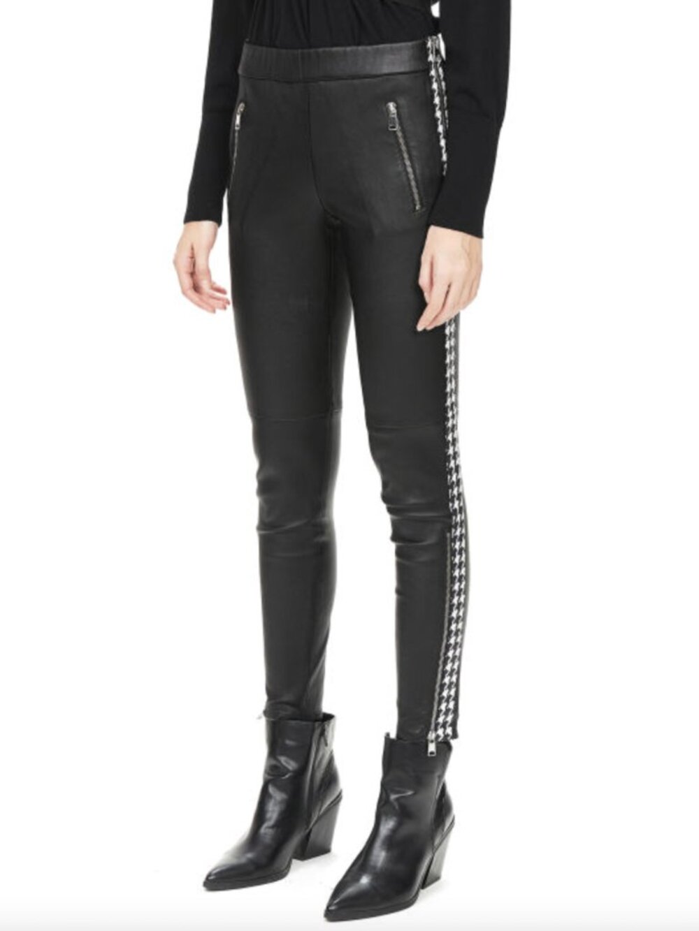 $3250 Alexander McQueen Black Herringbone Skinny Zip Leather Pants size 6/42